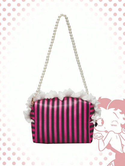 Betty Boop | ROMWE Bolsa de cosméticos portátil y de gran capacidad con asa con cuentas, diseño lindo a rayas y gráfico de figura