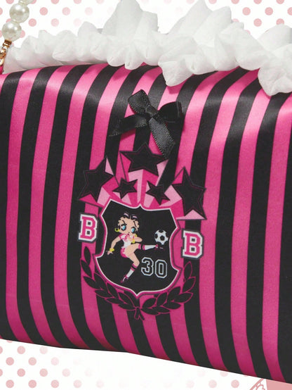 Betty Boop | ROMWE Bolsa de cosméticos portátil y de gran capacidad con asa con cuentas, diseño lindo a rayas y gráfico de figura