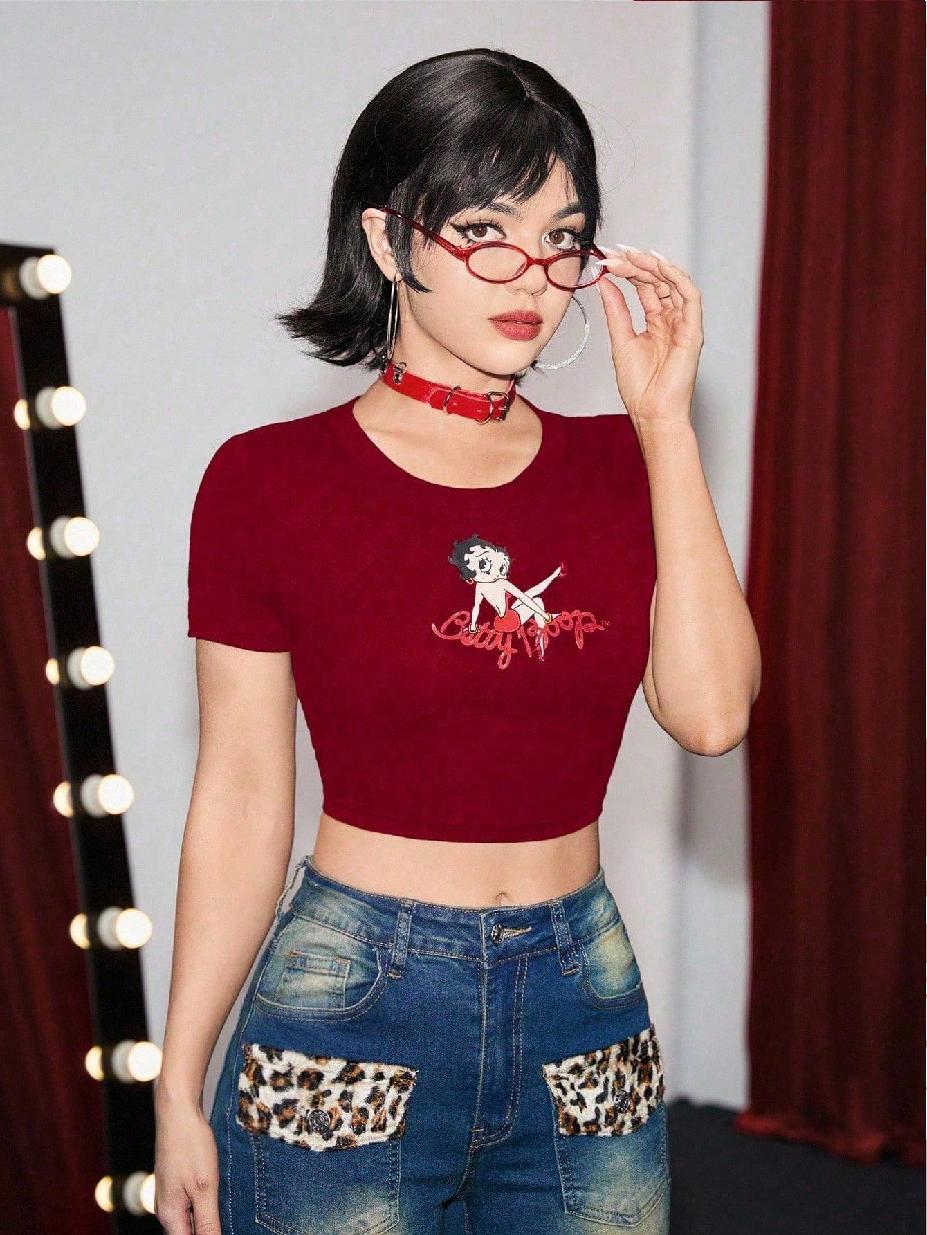 Betty Boop | ROMWE Camiseta casual estampada con personajes de dibujos animados y letras ajustada y corta para el verano