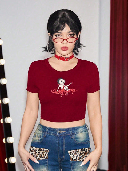 Betty Boop | ROMWE Camiseta casual estampada con personajes de dibujos animados y letras ajustada y corta para el verano