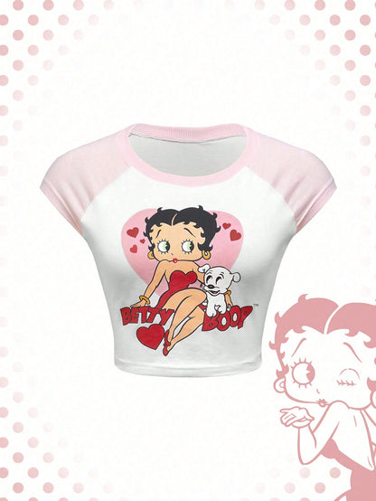 Betty Boop | ROMWE Camiseta corta de ajuste ceñido con de color, estampado de personaje de dibujos animados y letras, mangas raglán, para verano, camiseta de bebé para mujer, escuela