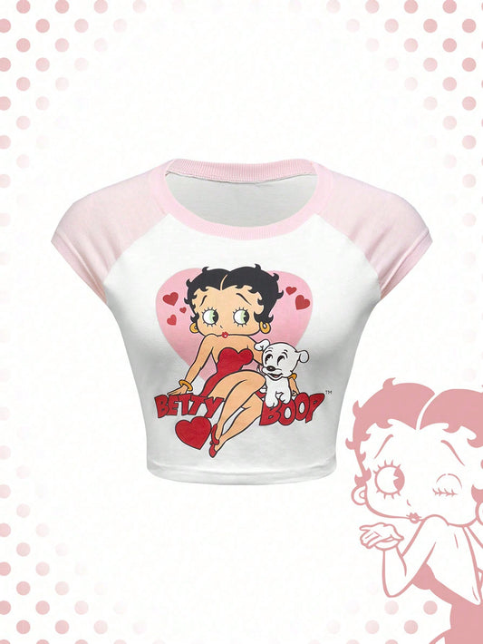 Betty Boop | ROMWE Camiseta corta de ajuste ceñido con de color, estampado de personaje de dibujos animados y letras, mangas raglán, para verano, camiseta de bebé para mujer, escuela
