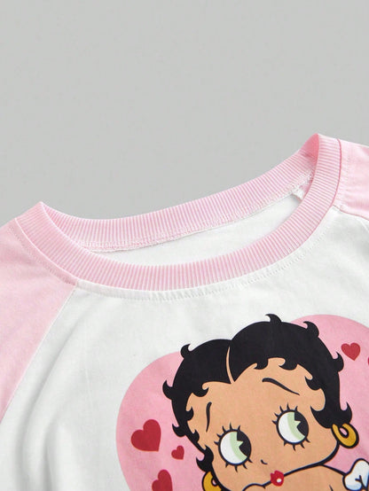 Betty Boop | ROMWE Camiseta corta de ajuste ceñido con de color, estampado de personaje de dibujos animados y letras, mangas raglán, para verano, camiseta de bebé para mujer, escuela