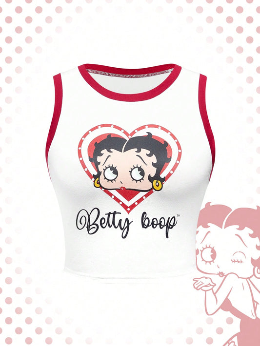 Betty Boop | ROMWE Camiseta de tirantes de ocio para mujer con impresión de personajes de dibujos animados y texto, verano, escuela