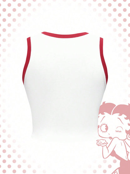 Betty Boop | ROMWE Camiseta de tirantes de ocio para mujer con impresión de personajes de dibujos animados y texto, verano, escuela