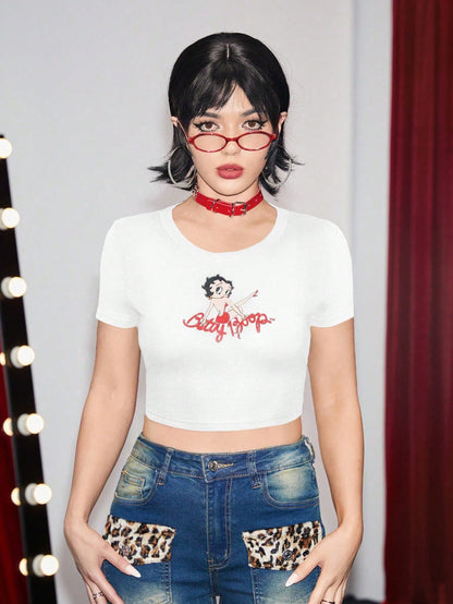 Betty Boop | ROMWE Camiseta delgada con ajuste slim fit de verano con estampado de figura de dibujos animados y letras