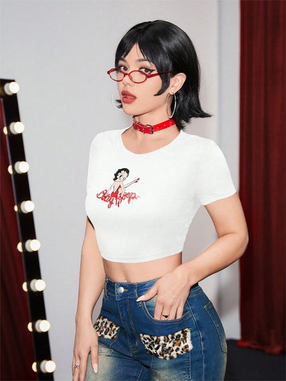 Betty Boop | ROMWE Camiseta delgada con ajuste slim fit de verano con estampado de figura de dibujos animados y letras