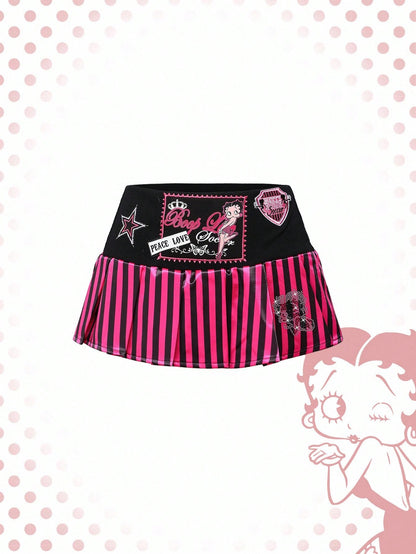 Betty Boop | ROMWE Minifalda de mujer con estilo motero Betty de vanguardia con rayas de contraste