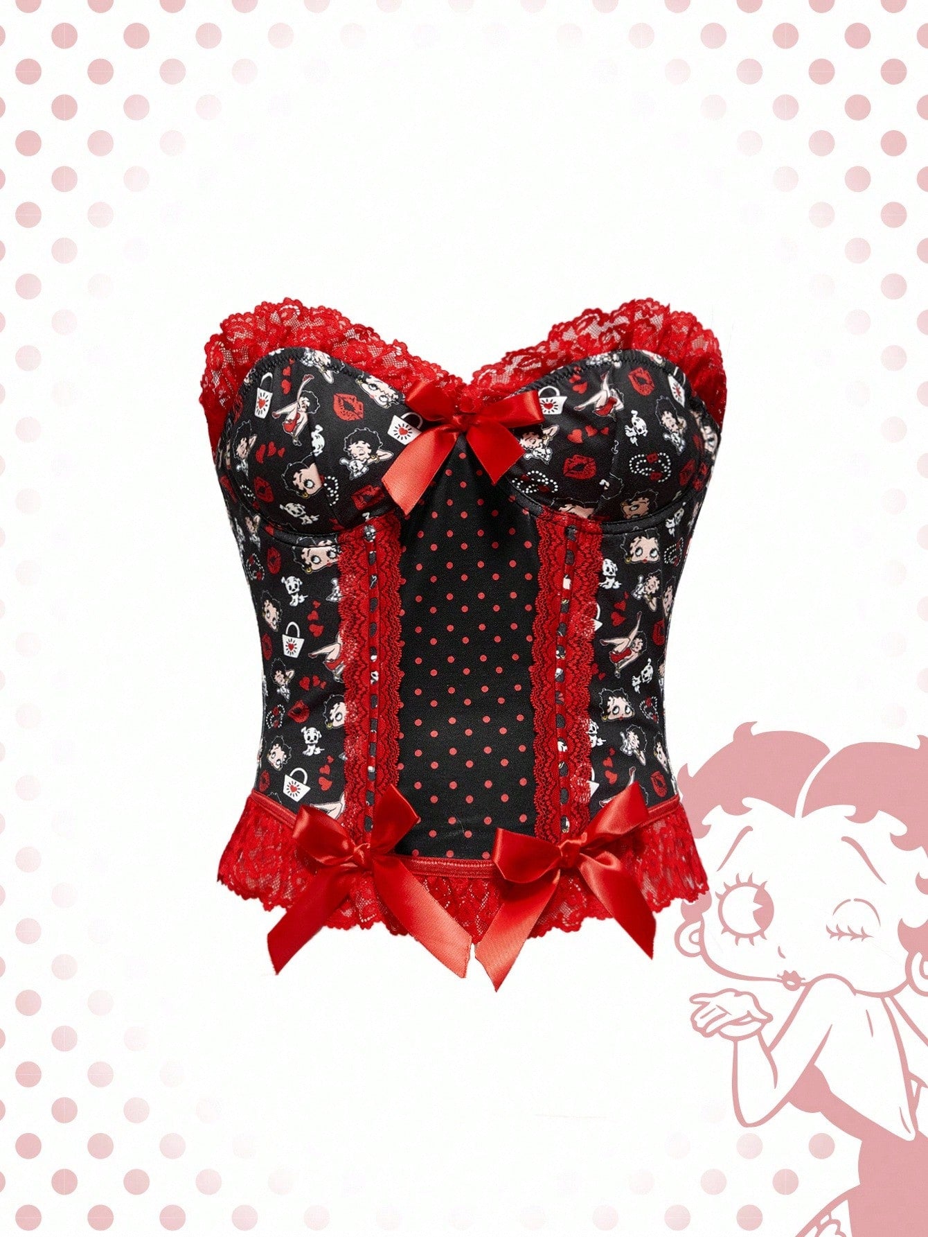 Betty Boop | ROMWE Top corto con encaje de contraste y estampado de Betty, estilo dulce y picante Y2K para mujeres