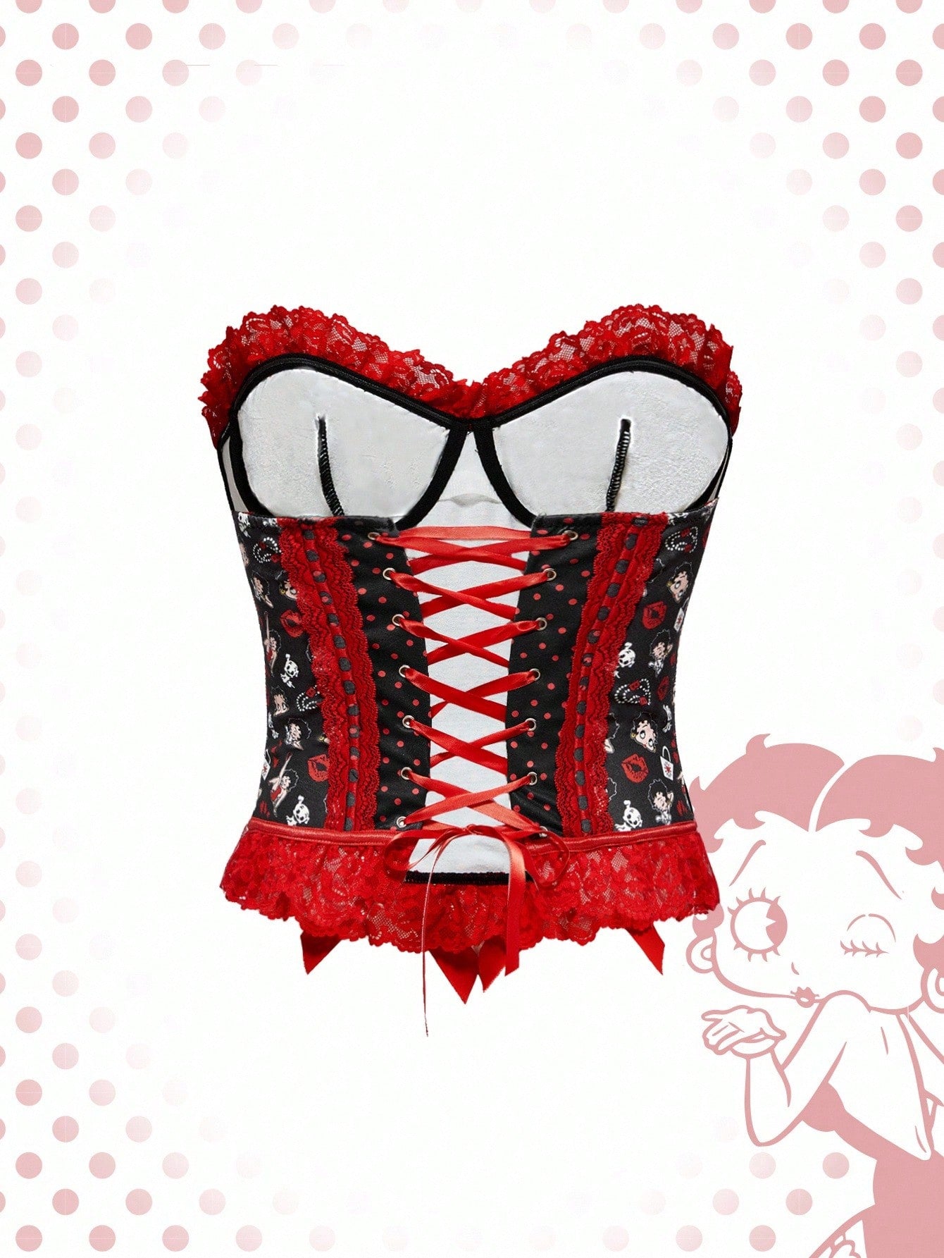 Betty Boop | ROMWE Top corto con encaje de contraste y estampado de Betty, estilo dulce y picante Y2K para mujeres