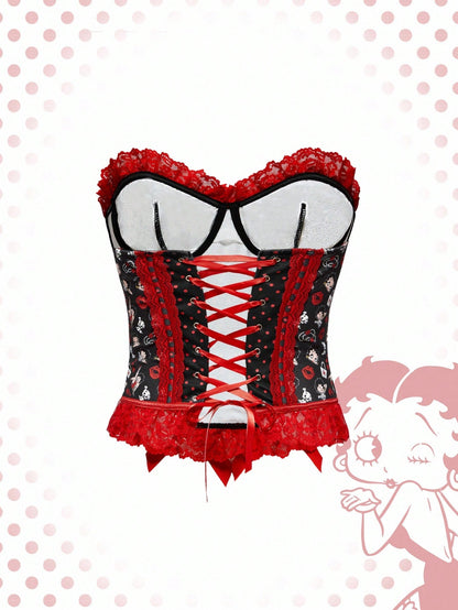Betty Boop | ROMWE Top corto con encaje de contraste y estampado de Betty, estilo dulce y picante Y2K para mujeres