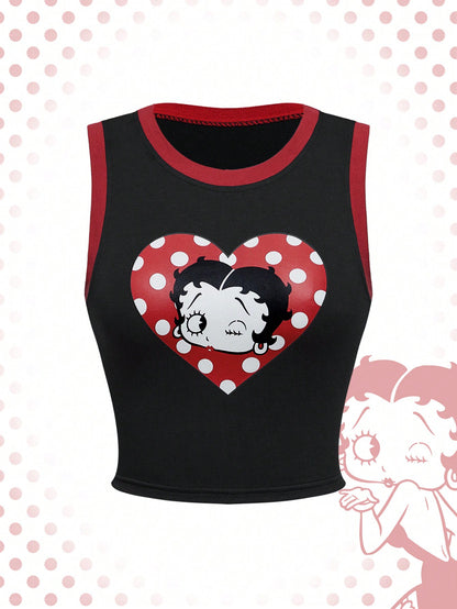 Betty Boop | ROMWE Top de tirantes informal con estampado de dibujos animados y letras para mujeres, verano, escuela