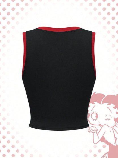 Betty Boop | ROMWE Top de tirantes informal con estampado de dibujos animados y letras para mujeres, verano, escuela