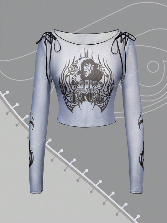 Black Jack X ROMWE Blusa de malla transparente con gráfico de figura para mujer