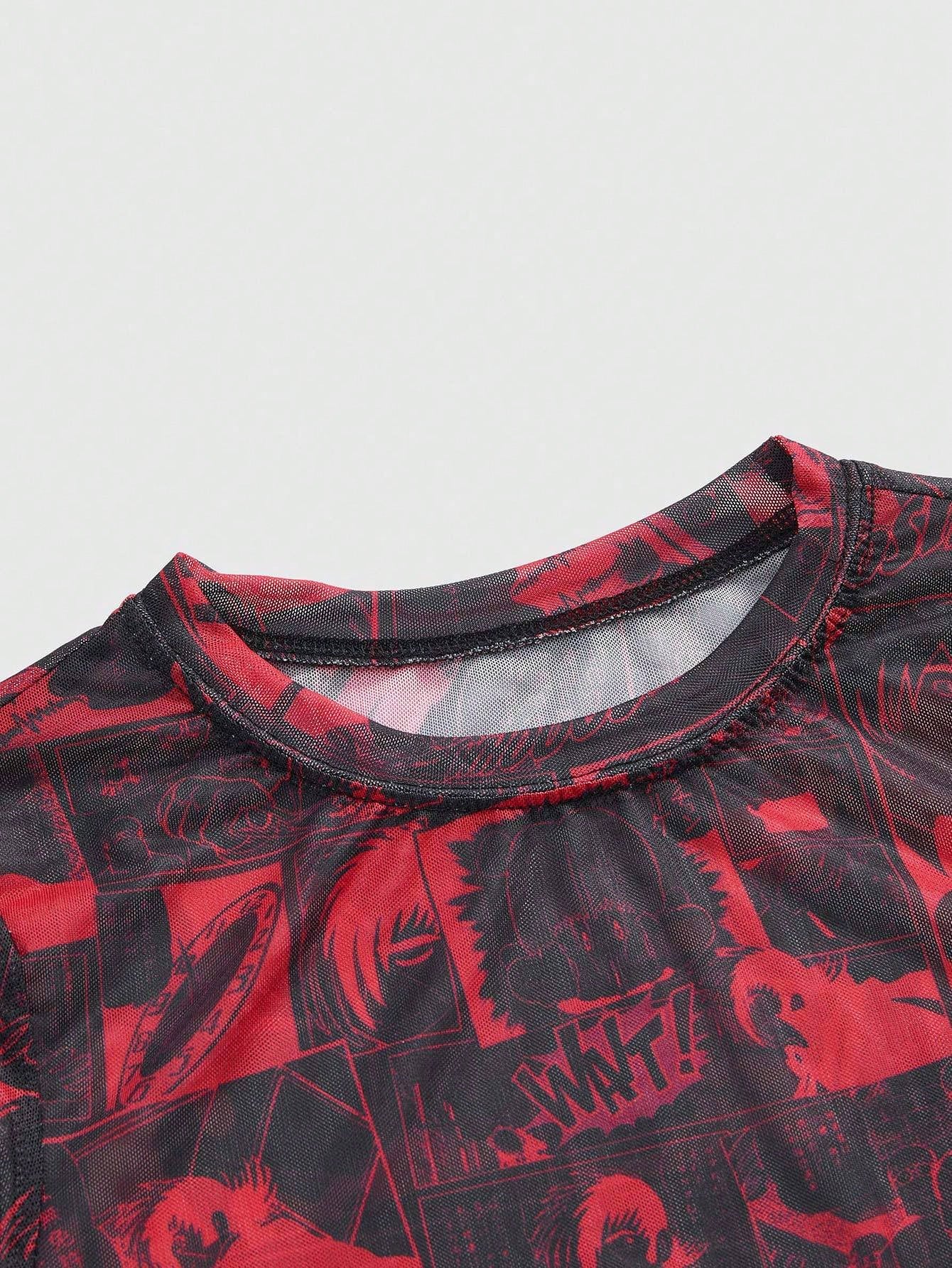 Black Jack X ROMWE Top de manga larga ajustado con estampado total de malla con estilo punk