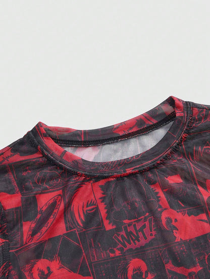 Black Jack X ROMWE Top de manga larga ajustado con estampado total de malla con estilo punk