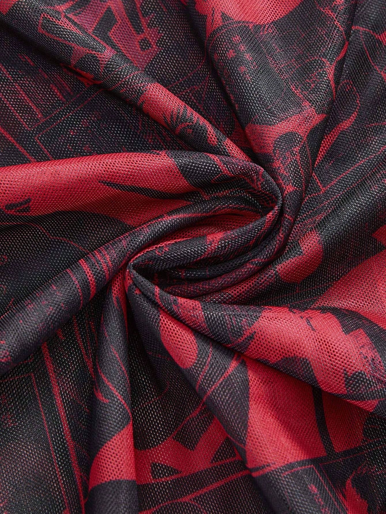 Black Jack X ROMWE Top de manga larga ajustado con estampado total de malla con estilo punk