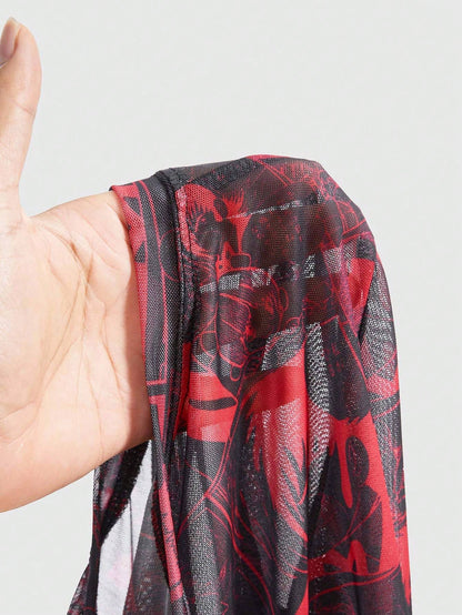 Black Jack X ROMWE Top de manga larga ajustado con estampado total de malla con estilo punk