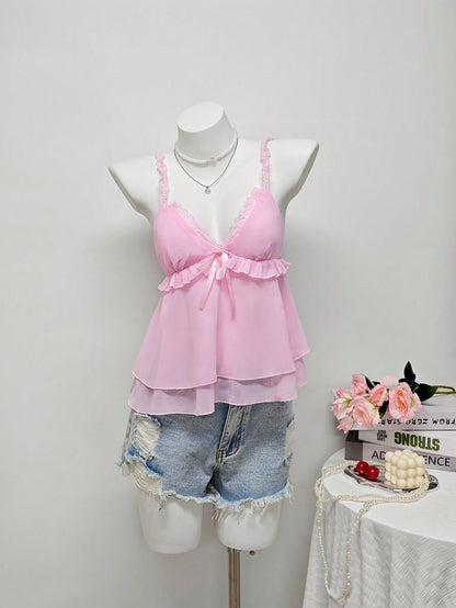 Blusa casual de gasa con lazo decorativo HAPPY GIRL, versátil para primavera/verano, adecuada para boda, vacaciones, uso diario, citas, viajes, aeropuerto
