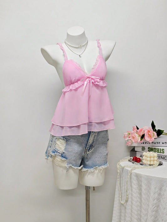 Blusa casual de gasa con lazo decorativo HAPPY GIRL, versátil para primavera/verano, adecuada para boda, vacaciones, uso diario, citas, viajes, aeropuerto