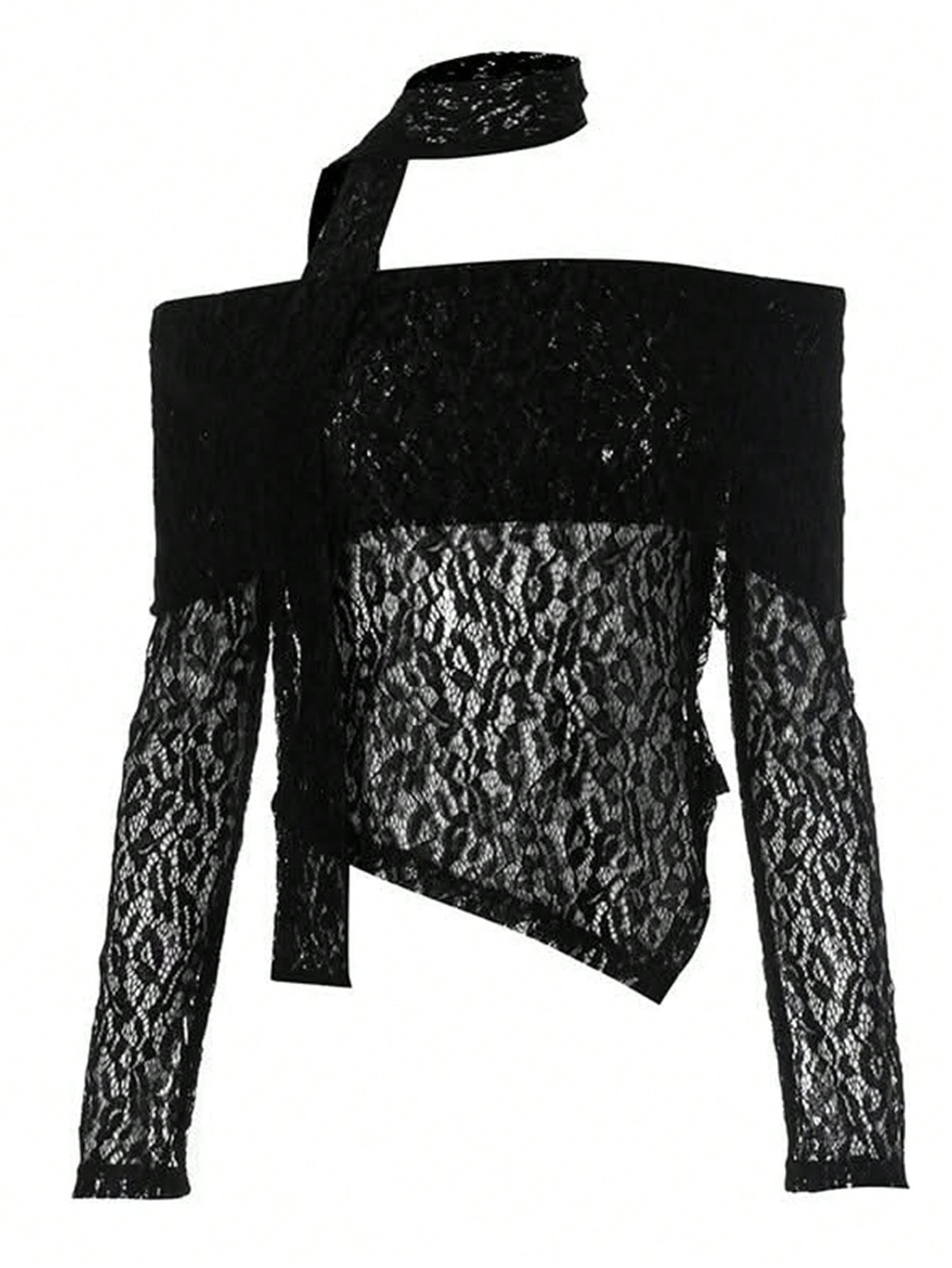 Blusa de encaje con hombros descubiertos y bajo asimétrico elegante para mujer