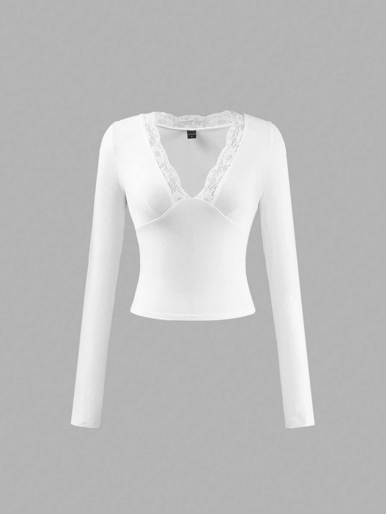 Blusa ajustada de manga larga con cuello en V profundo y adorno de encaje, de tela suave y elástica, para mujer, en color blanco, ideal para uso casual, citas, fiestas, San Valentín, Año Nuevo