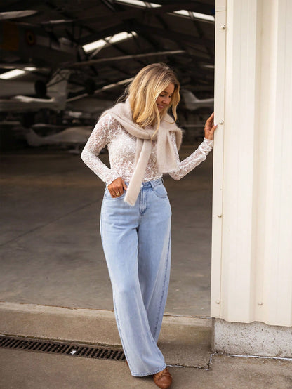 Blusa ligera y transpirable de primavera/verano con cuello redondo, manga larga, bordado floral y encaje de ganchillo, blusa casual calada para mujer, elegante camisa de manga larga, blusa transparente y sexy de cuello r