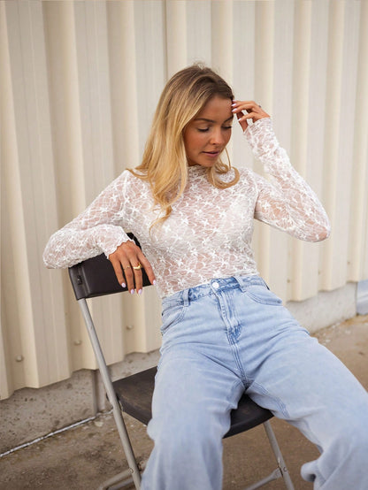 Blusa ligera y transpirable de primavera/verano con cuello redondo, manga larga, bordado floral y encaje de ganchillo, blusa casual calada para mujer, elegante camisa de manga larga, blusa transparente y sexy de cuello r