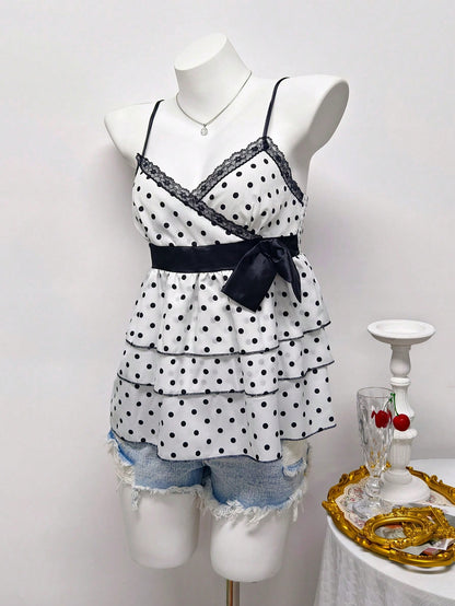 Blusa sin mangas con cuello de lazo y lunares, top de moda casual y versátil para citas, bodas, escuela, vacaciones, viajes, atuendo de aeropuerto