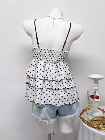 Blusa sin mangas con cuello de lazo y lunares, top de moda casual y versátil para citas, bodas, escuela, vacaciones, viajes, atuendo de aeropuerto