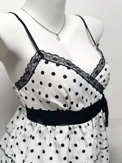 Blusa sin mangas con cuello de lazo y lunares, top de moda casual y versátil para citas, bodas, escuela, vacaciones, viajes, atuendo de aeropuerto
