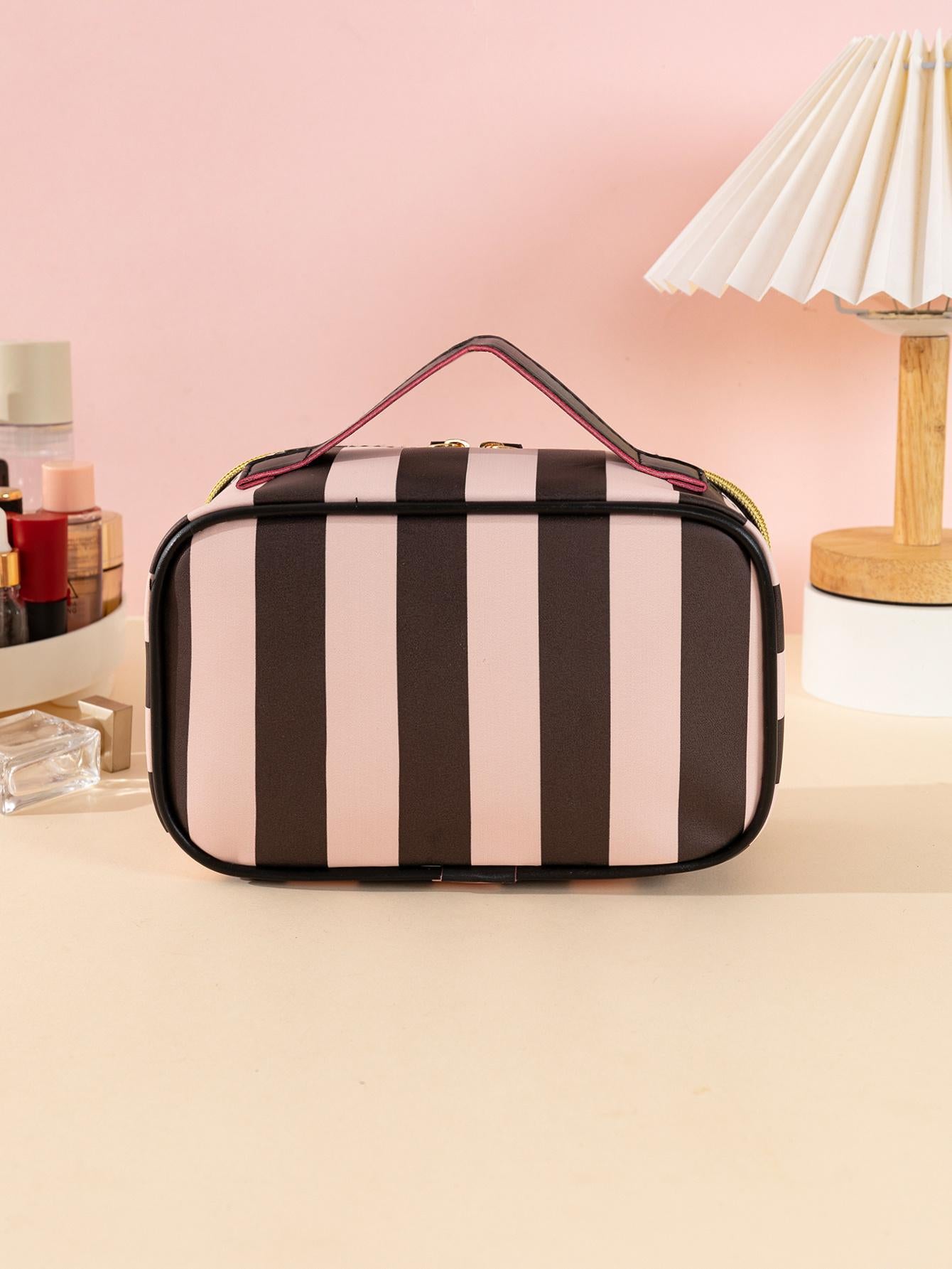 Bolsa de cosméticos con diseño estético Y2K con patrón de corazón y rayas, 1 pieza, bolsa de almacenamiento impermeable de pintura de rayas negras y rosas, grande y portátil, de gran capacidad, en oferta de Black Friday, bolsa de maquillaje