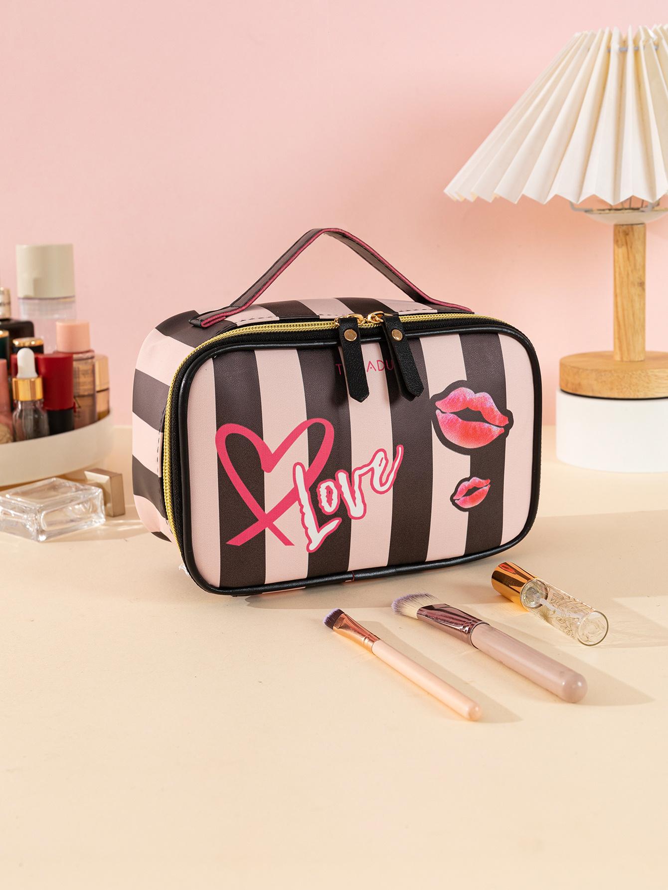 Bolsa de cosméticos con diseño estético Y2K con patrón de corazón y rayas, 1 pieza, bolsa de almacenamiento impermeable de pintura de rayas negras y rosas, grande y portátil, de gran capacidad, en oferta de Black Friday, bolsa de maquillaje