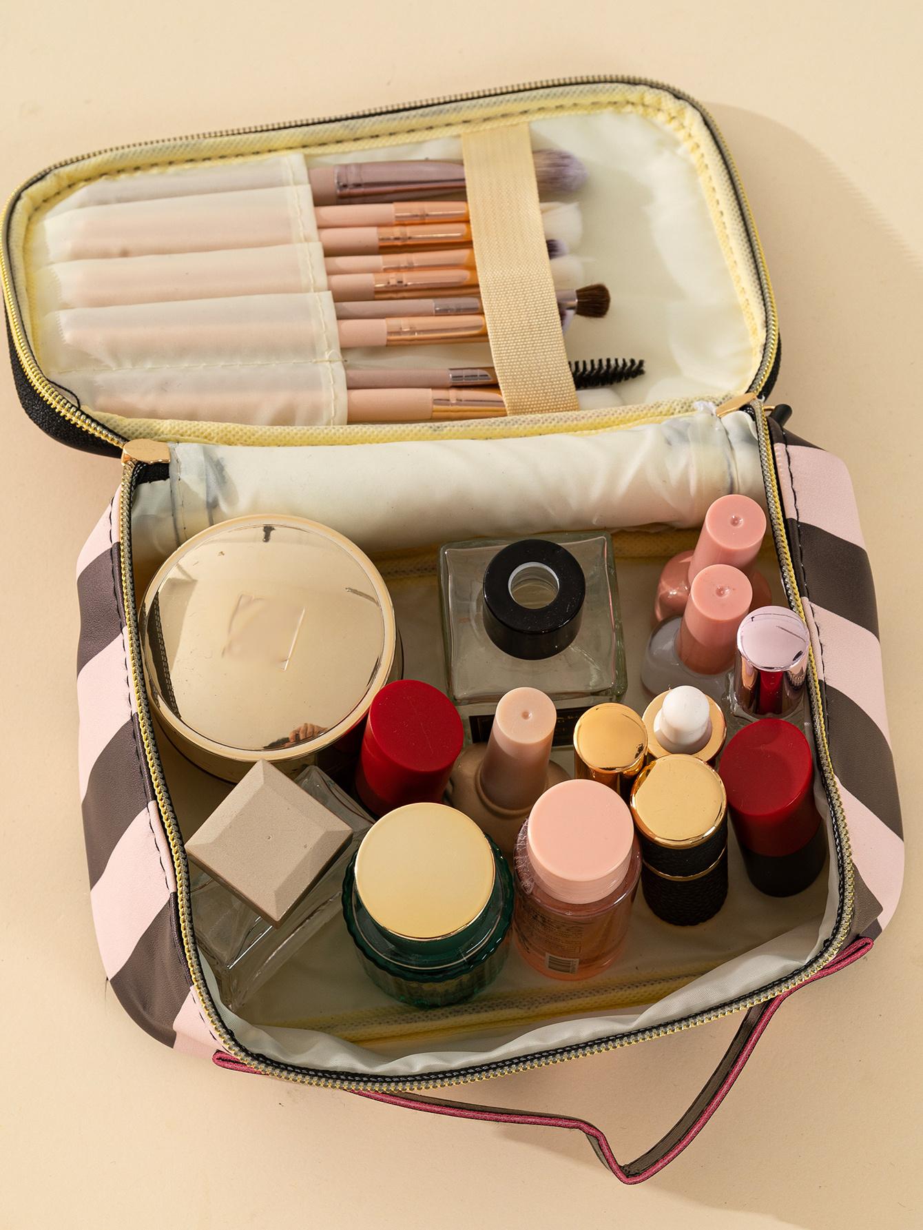 Bolsa de cosméticos con diseño estético Y2K con patrón de corazón y rayas, 1 pieza, bolsa de almacenamiento impermeable de pintura de rayas negras y rosas, grande y portátil, de gran capacidad, en oferta de Black Friday, bolsa de maquillaje