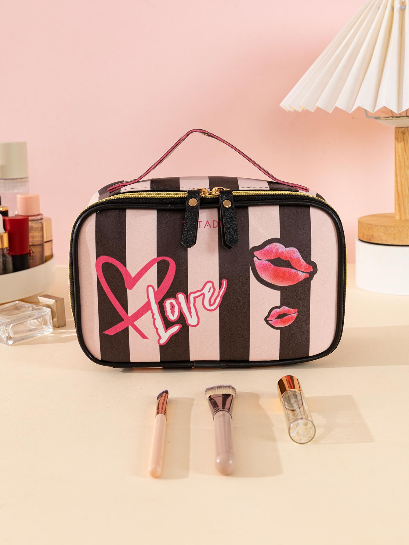 Bolsa de cosméticos con diseño estético Y2K con patrón de corazón y rayas, 1 pieza, bolsa de almacenamiento impermeable de pintura de rayas negras y rosas, grande y portátil, de gran capacidad, en oferta de Black Friday, bolsa de maquillaje