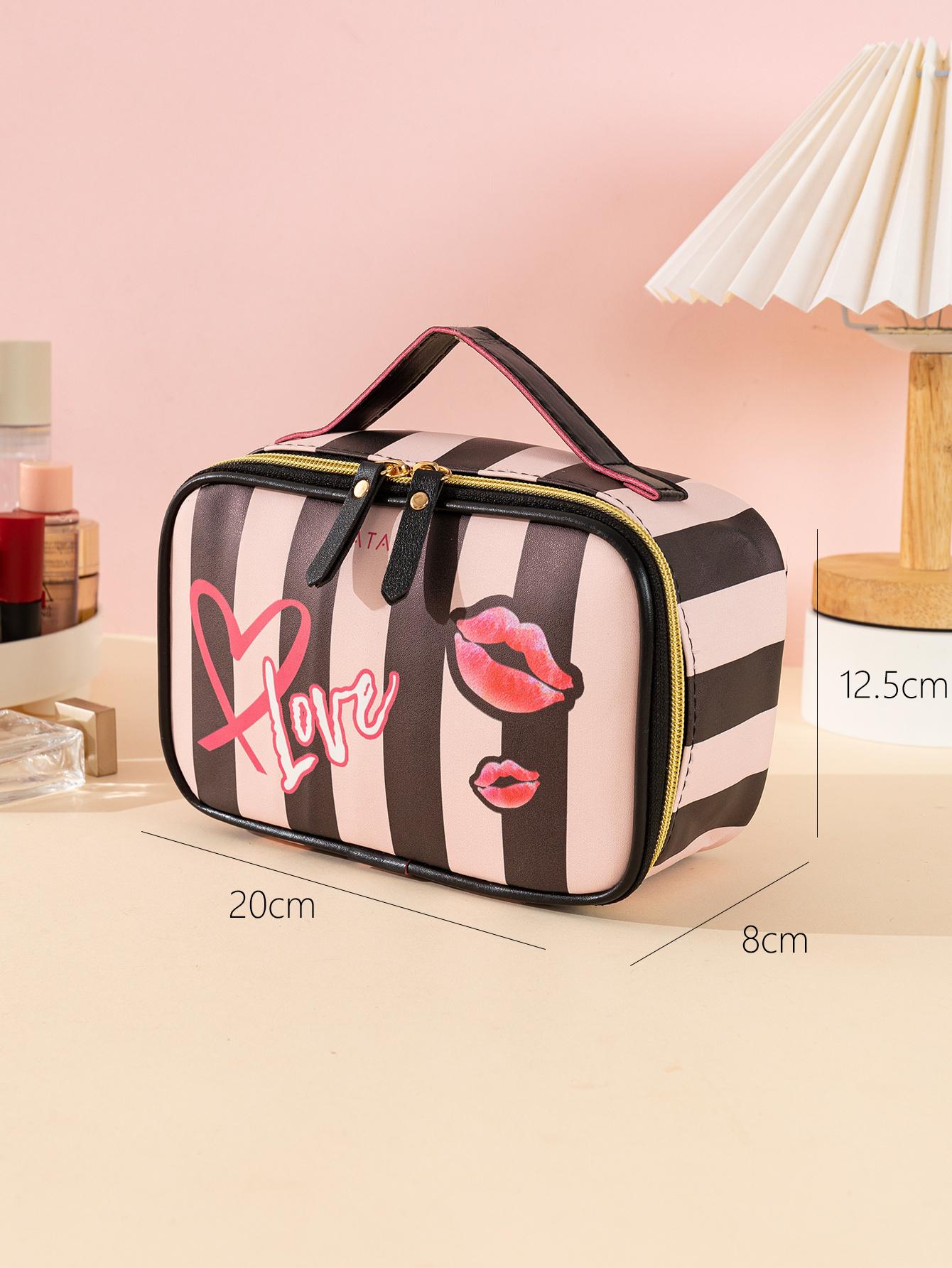 Bolsa de cosméticos con diseño estético Y2K con patrón de corazón y rayas, 1 pieza, bolsa de almacenamiento impermeable de pintura de rayas negras y rosas, grande y portátil, de gran capacidad, en oferta de Black Friday, bolsa de maquillaje