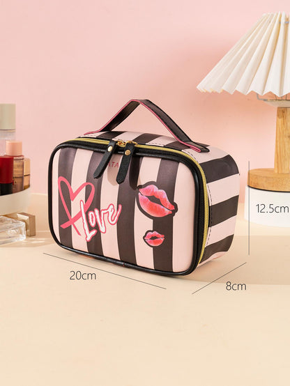 Bolsa de cosméticos con diseño estético Y2K con patrón de corazón y rayas, 1 pieza, bolsa de almacenamiento impermeable de pintura de rayas negras y rosas, grande y portátil, de gran capacidad, en oferta de Black Friday, bolsa de maquillaje