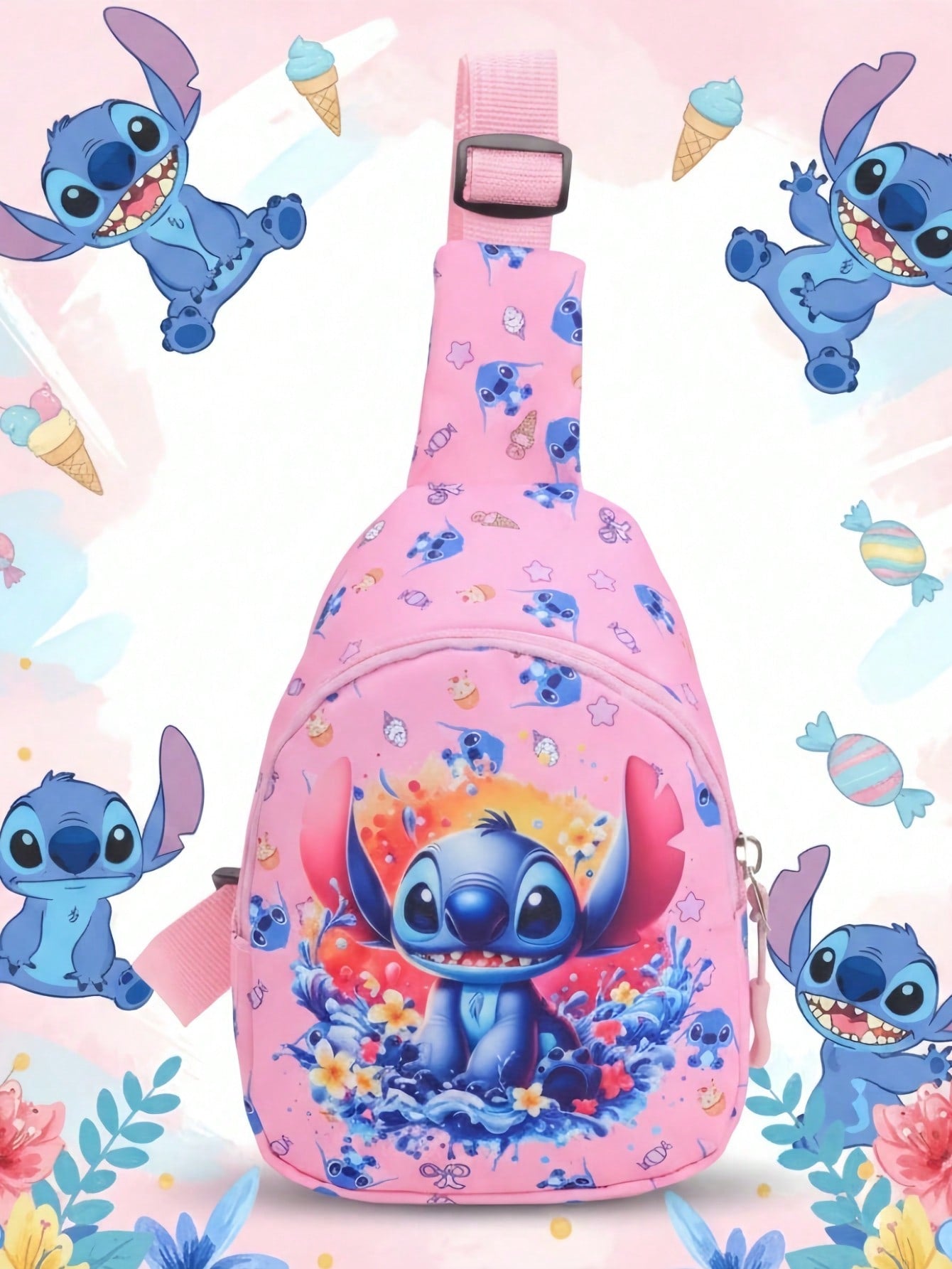 Bolso bandolera con estampado oficial de Stitch de Disney - Rosa brillante, imprescindible para fans de Disney - Bolso de hombro compacto y multifuncional, bolsillo con cremallera delantero, manos libres, compañero de vi