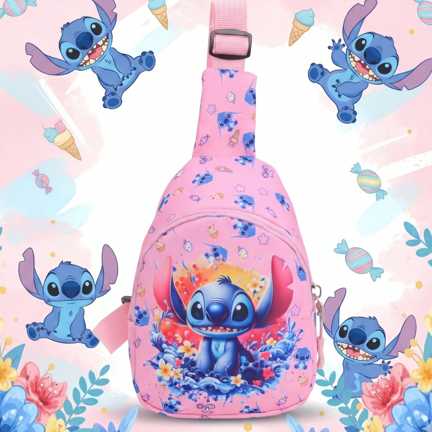 Bolso bandolera con estampado oficial de Stitch de Disney - Rosa brillante, imprescindible para fans de Disney - Bolso de hombro compacto y multifuncional, bolsillo con cremallera delantero, manos libres, compañero de vi