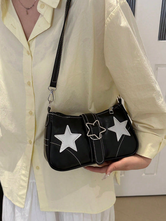 Bolso de hombro casual tipo bandolera para mujer con decoración de estrellas, hebilla y correa ajustable y desmontable, de gran capacidad, en estilo retro, adecuado para trabajo y uso diario