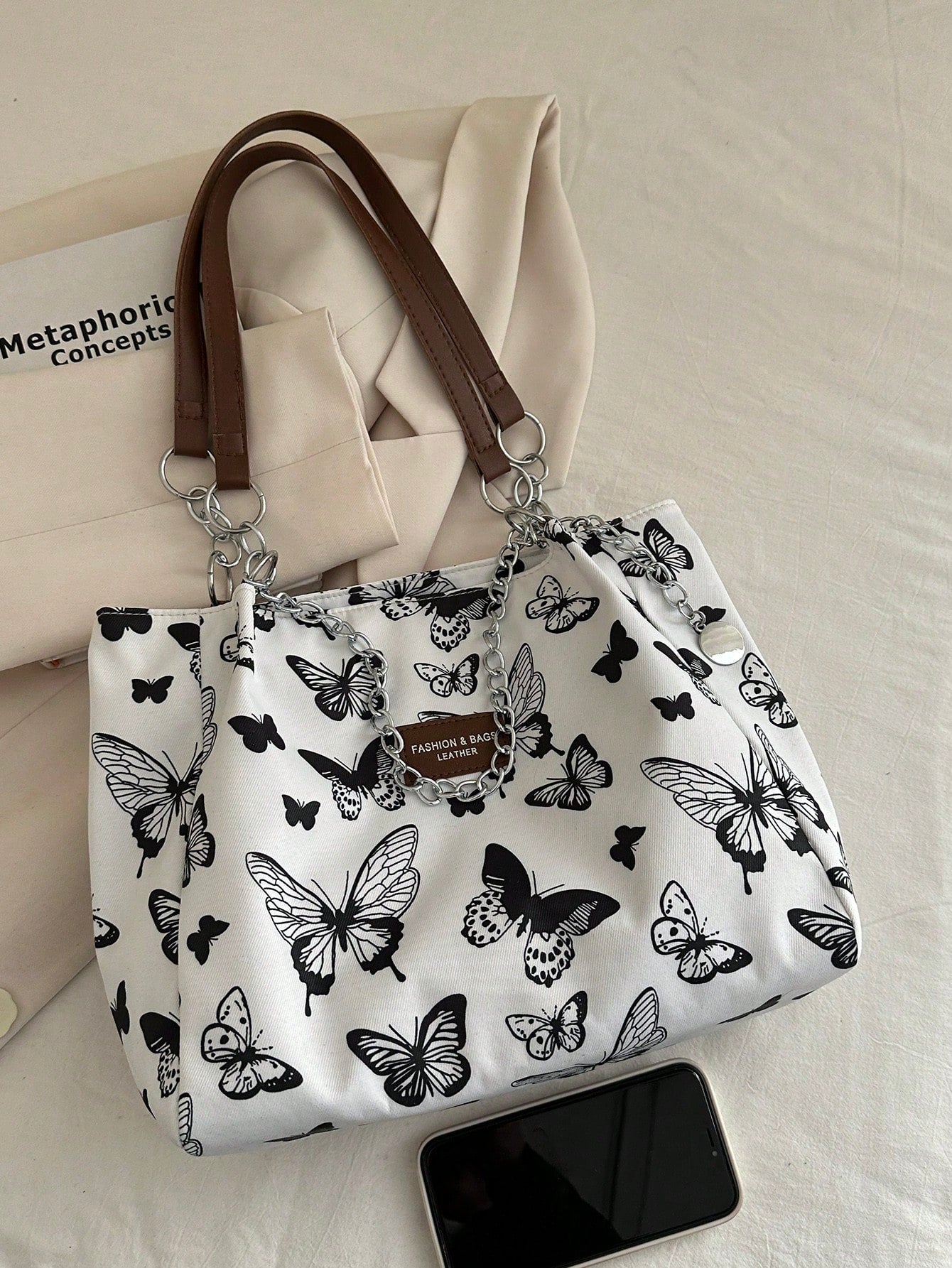 Bolso de hombro con estampado de rayas de moda - Bolso de gran capacidad para mujeres - Bolso de tote con cremallera para uso diario - Bolso de tote con cadena de metal minimalista para adolescentes, mujeres, estudiantes
