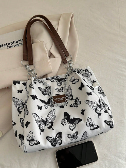 Bolso de hombro con estampado de rayas de moda - Bolso de gran capacidad para mujeres - Bolso de tote con cremallera para uso diario - Bolso de tote con cadena de metal minimalista para adolescentes, mujeres, estudiantes