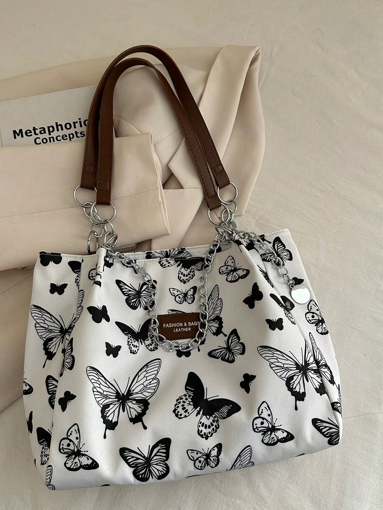 Bolso de hombro con estampado de rayas de moda - Bolso de gran capacidad para mujeres - Bolso de tote con cremallera para uso diario - Bolso de tote con cadena de metal minimalista para adolescentes, mujeres, estudiantes