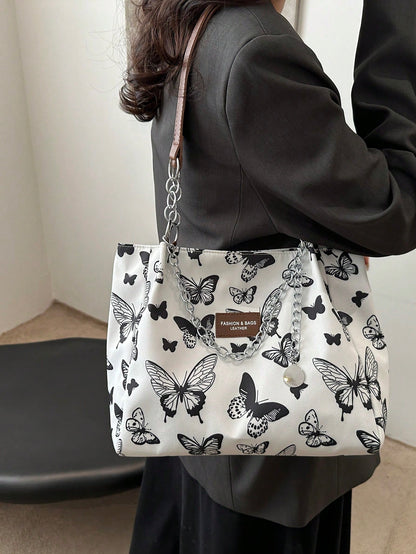 Bolso de hombro con estampado de rayas de moda - Bolso de gran capacidad para mujeres - Bolso de tote con cremallera para uso diario - Bolso de tote con cadena de metal minimalista para adolescentes, mujeres, estudiantes