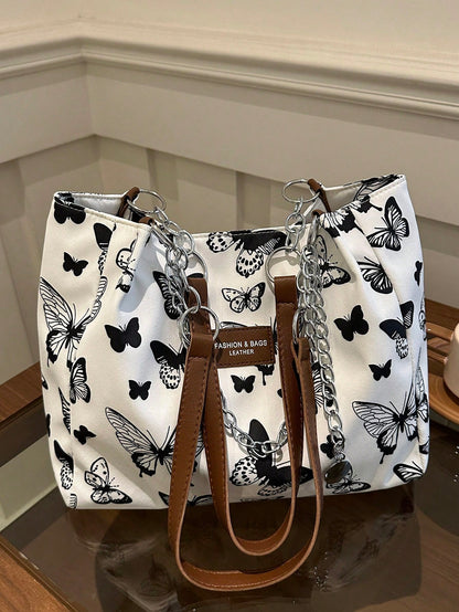 Bolso de hombro con estampado de rayas de moda - Bolso de gran capacidad para mujeres - Bolso de tote con cremallera para uso diario - Bolso de tote con cadena de metal minimalista para adolescentes, mujeres, estudiantes