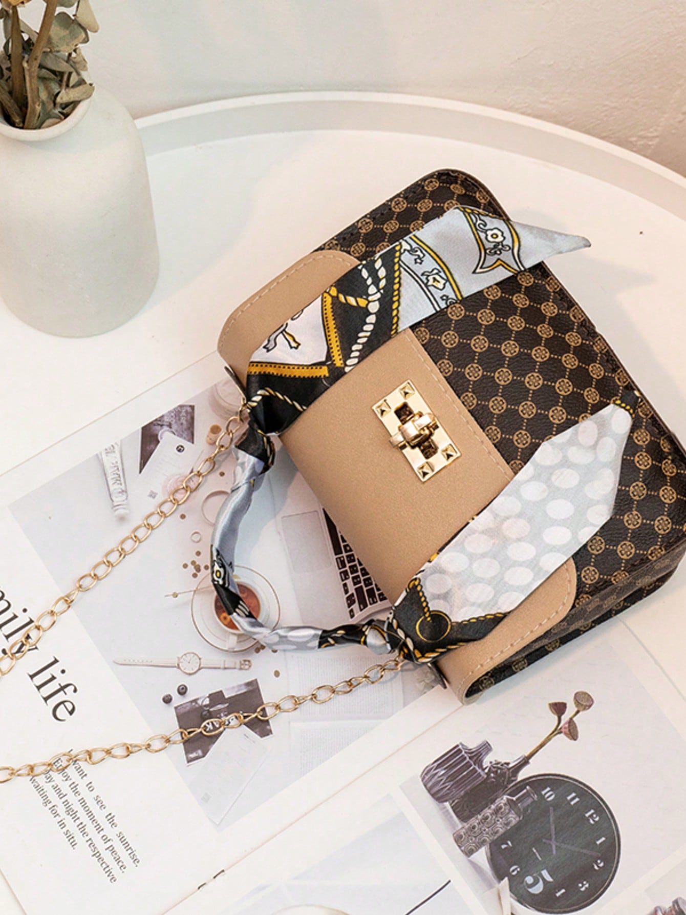 Bolso de mano casual de moda, bolso de hombro, bolso de bufanda, bolso cuadrado pequeño retro de lunares