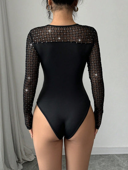 Calvaya Body de manga larga con paneles de malla sexy y ajustado, de escote redondo, con tela transparente con estampado y empalmado de punto liso para mujer, para otoño/invierno