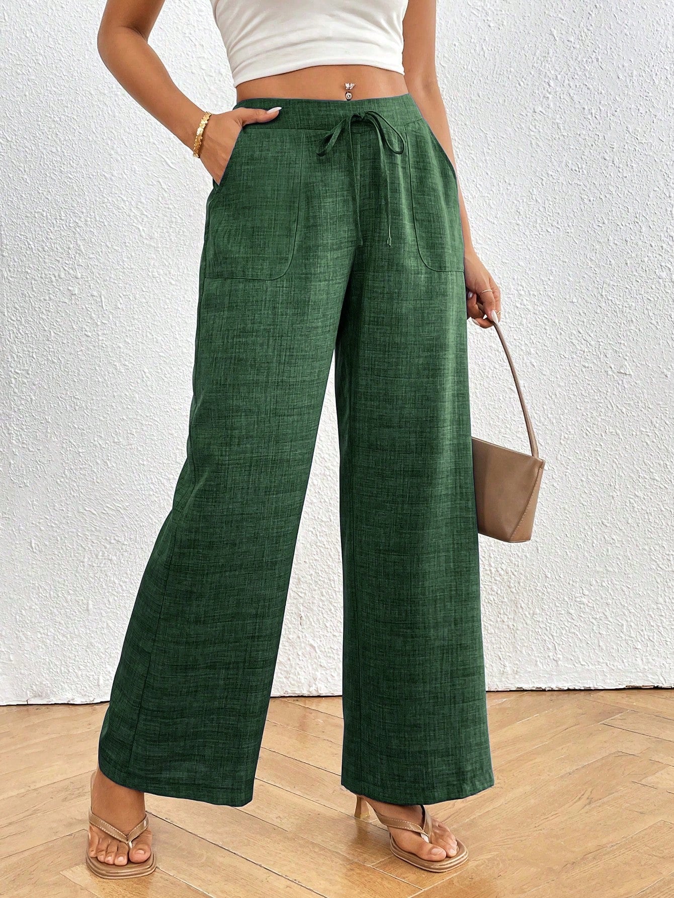 Calvaya Pantalones de pierna ancha de unicolor y talle bajo con bolsillos para mujer, uso diario casual y de vacaciones