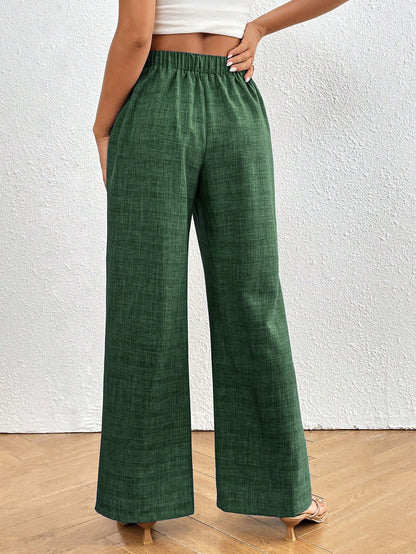 Calvaya Pantalones de pierna ancha de unicolor y talle bajo con bolsillos para mujer, uso diario casual y de vacaciones