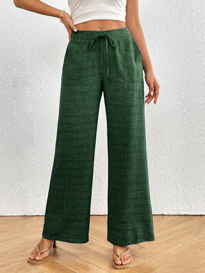 Calvaya Pantalones de pierna ancha de unicolor y talle bajo con bolsillos para mujer, uso diario casual y de vacaciones